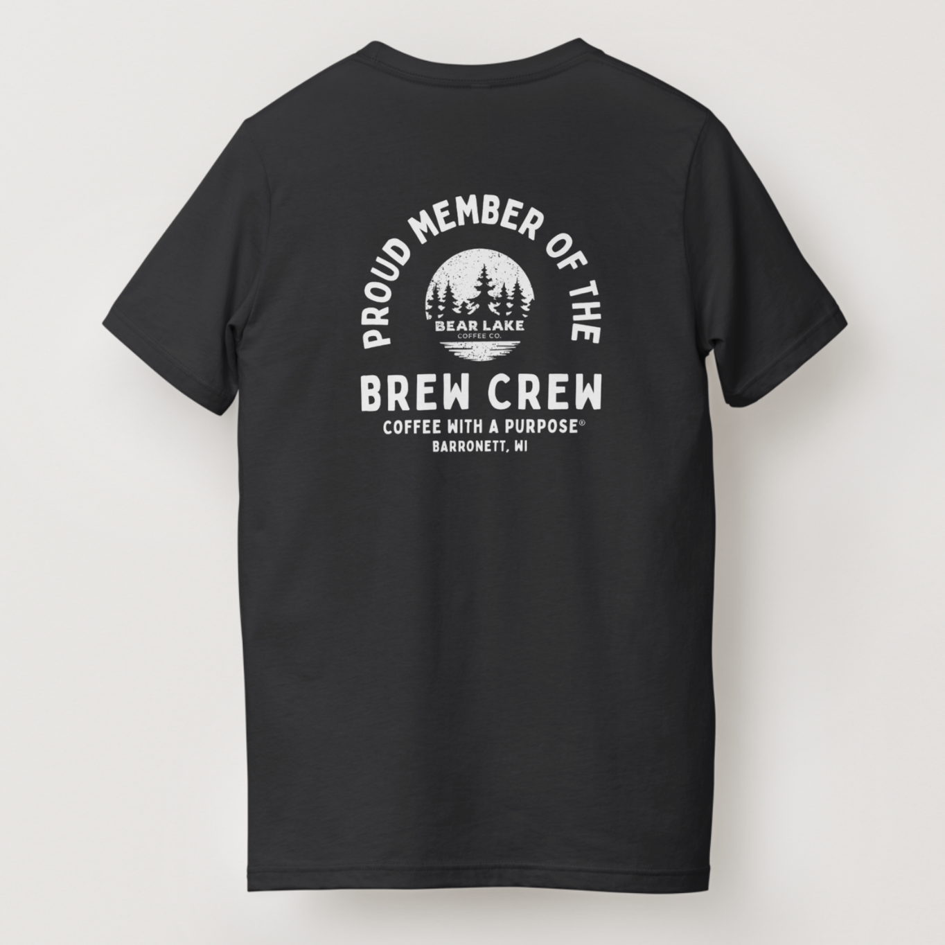 Black t-shirt with Bear Lake Coffee Co. Brew Crew design