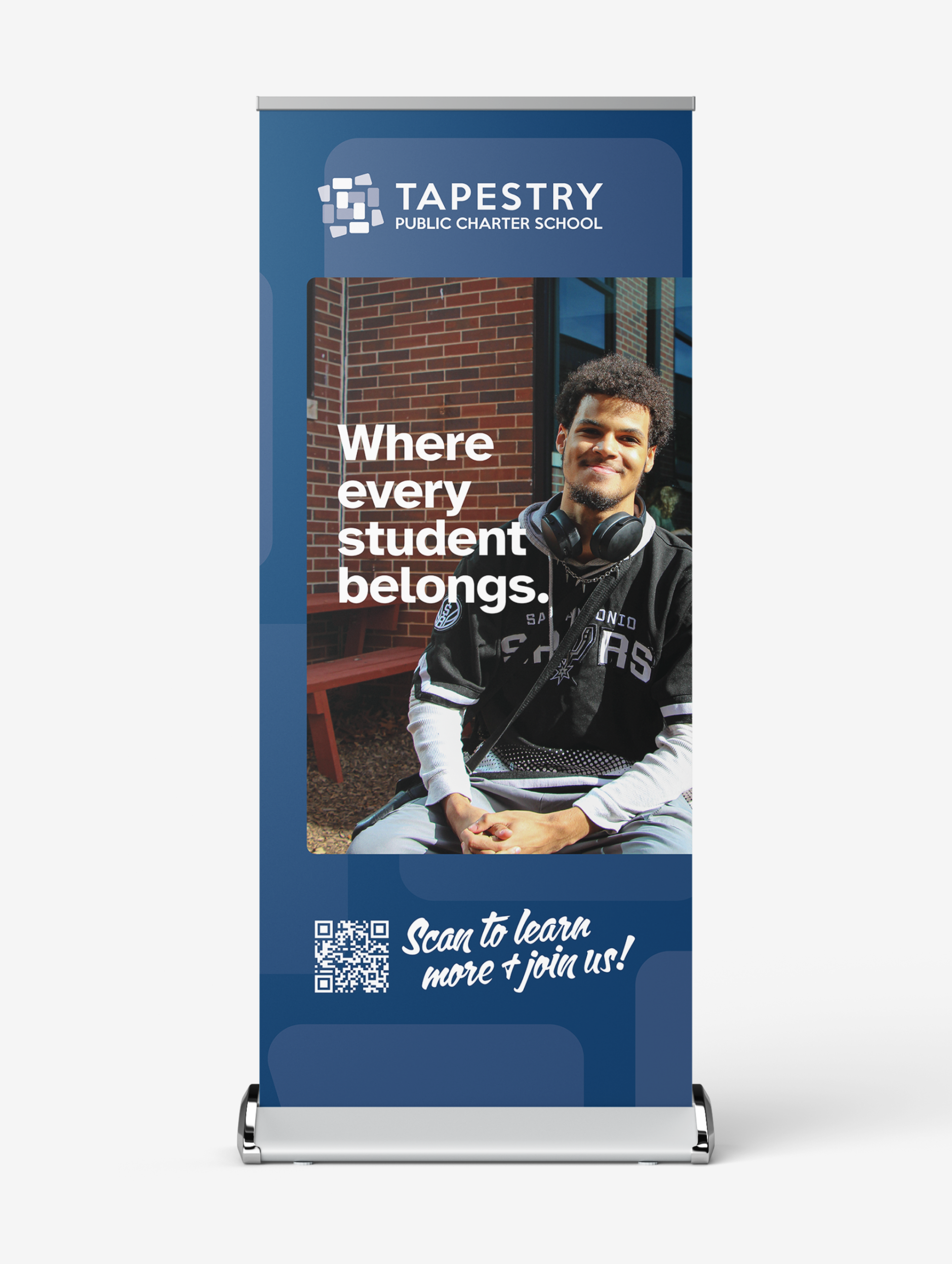 Tapestry Public Charter School retractable banner with student photo