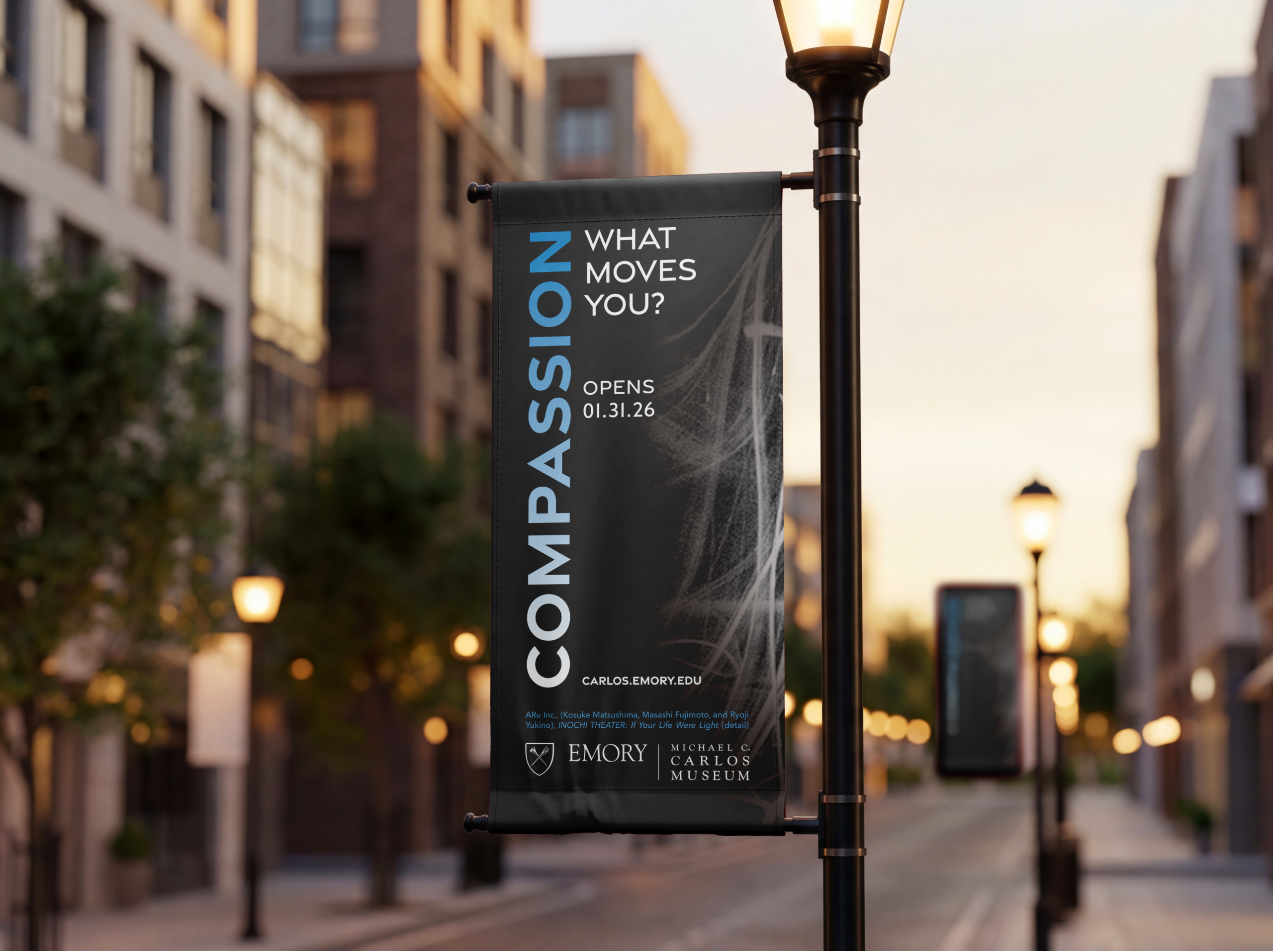 Street lamp banner advertising Emory Carlos Museum Compassion exhibit