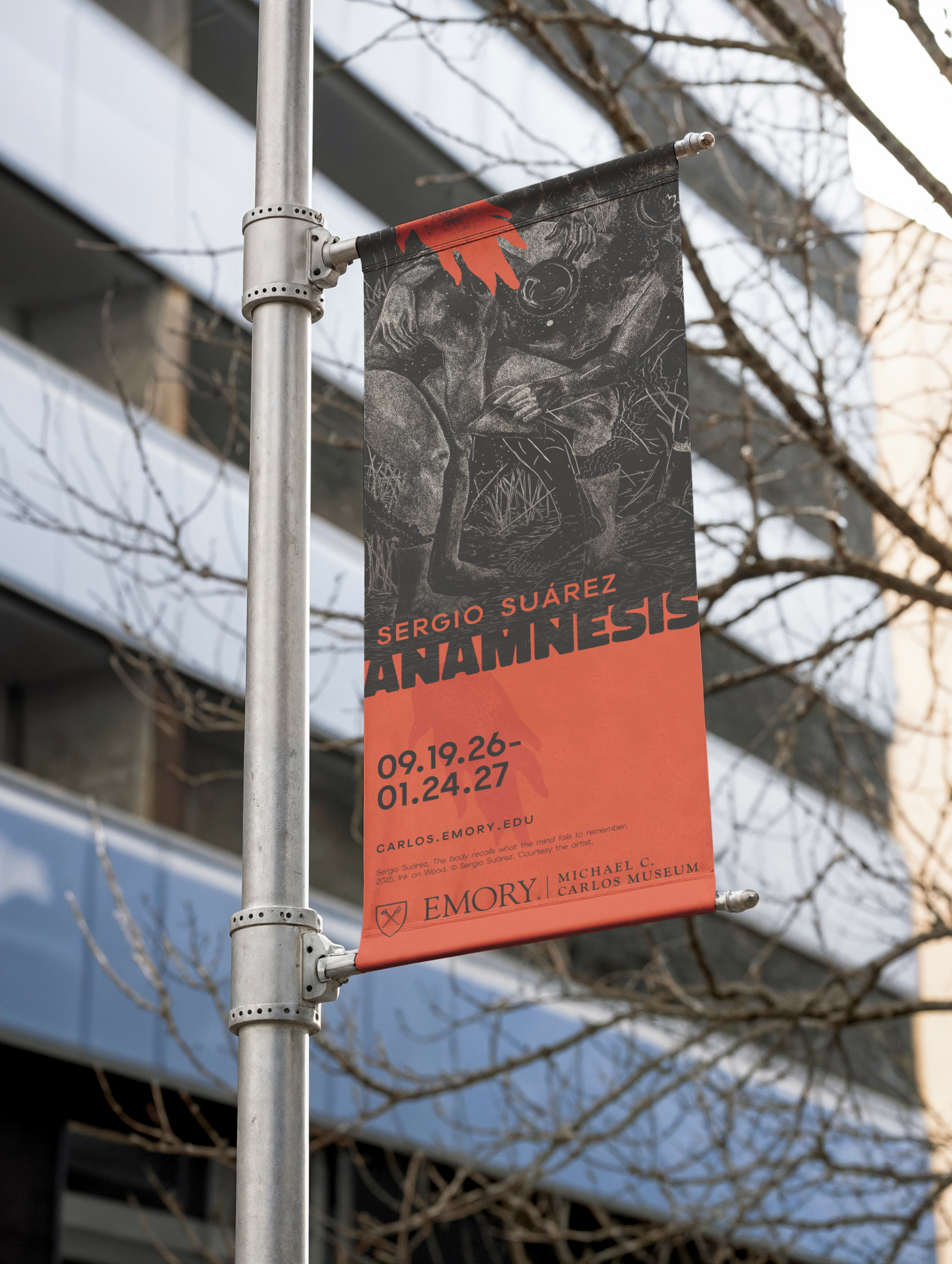 Street pole banner for Sergio Suárez Anamnesis exhibition at Emory
