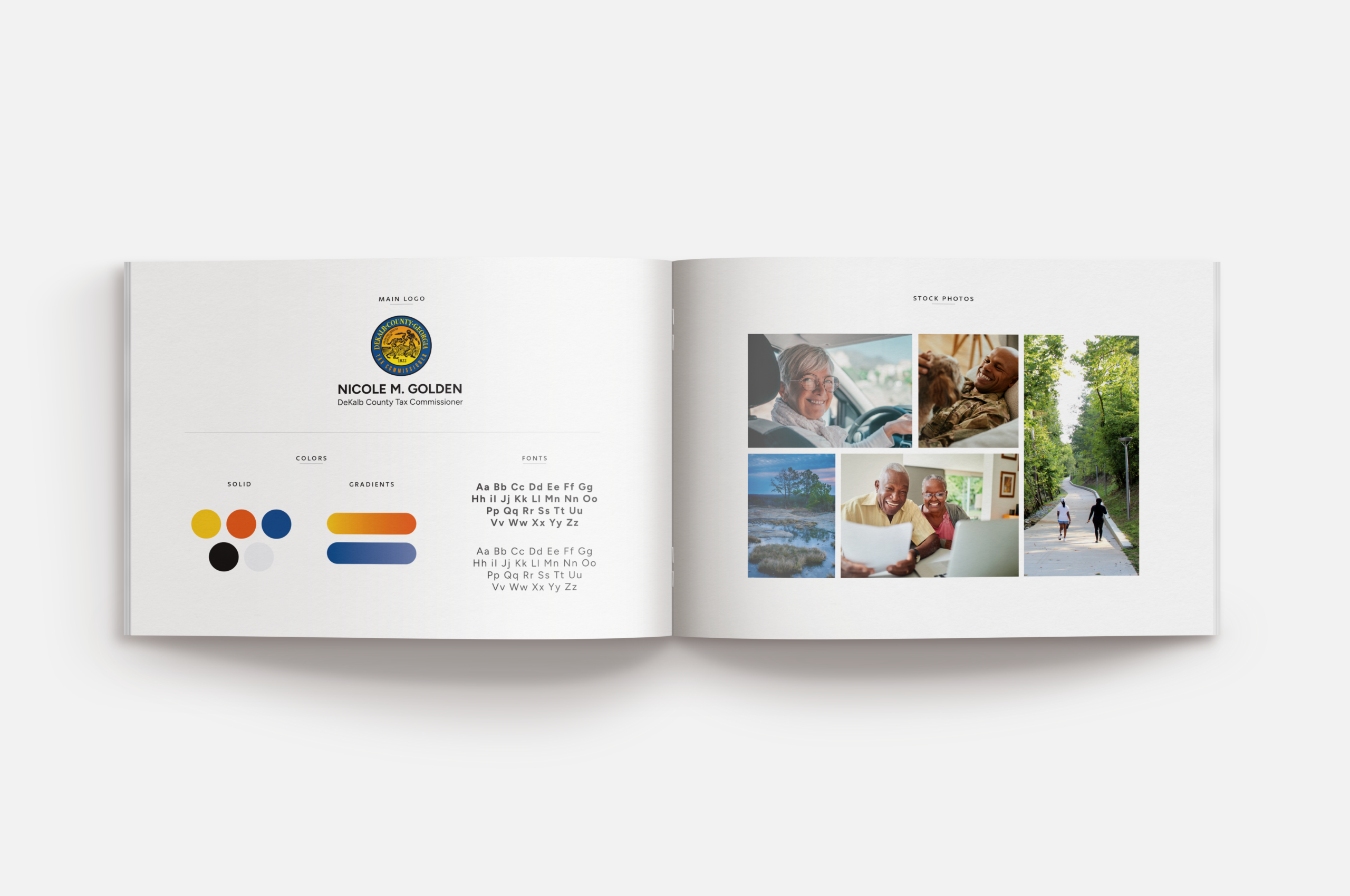 Brand style guide showing logo, colors, fonts, and photos