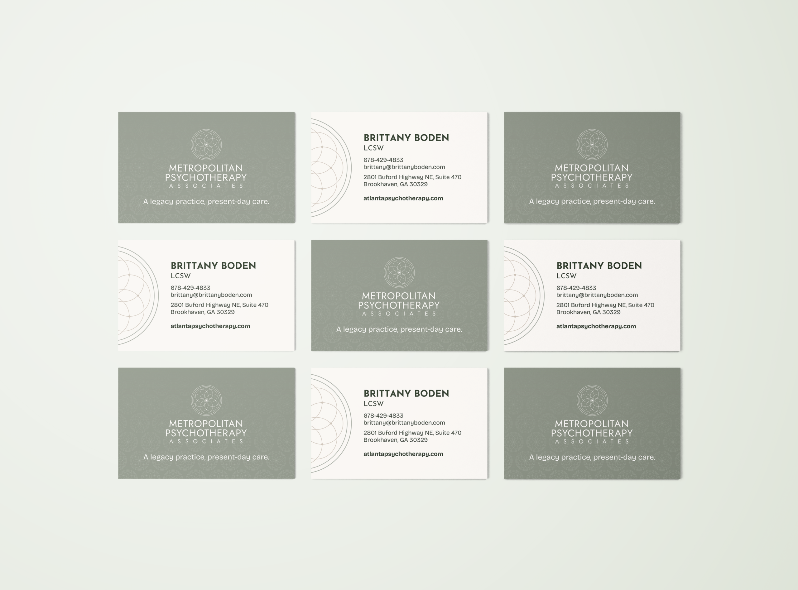 Business card mockups for Metropolitan Psychotherapy Associates practice