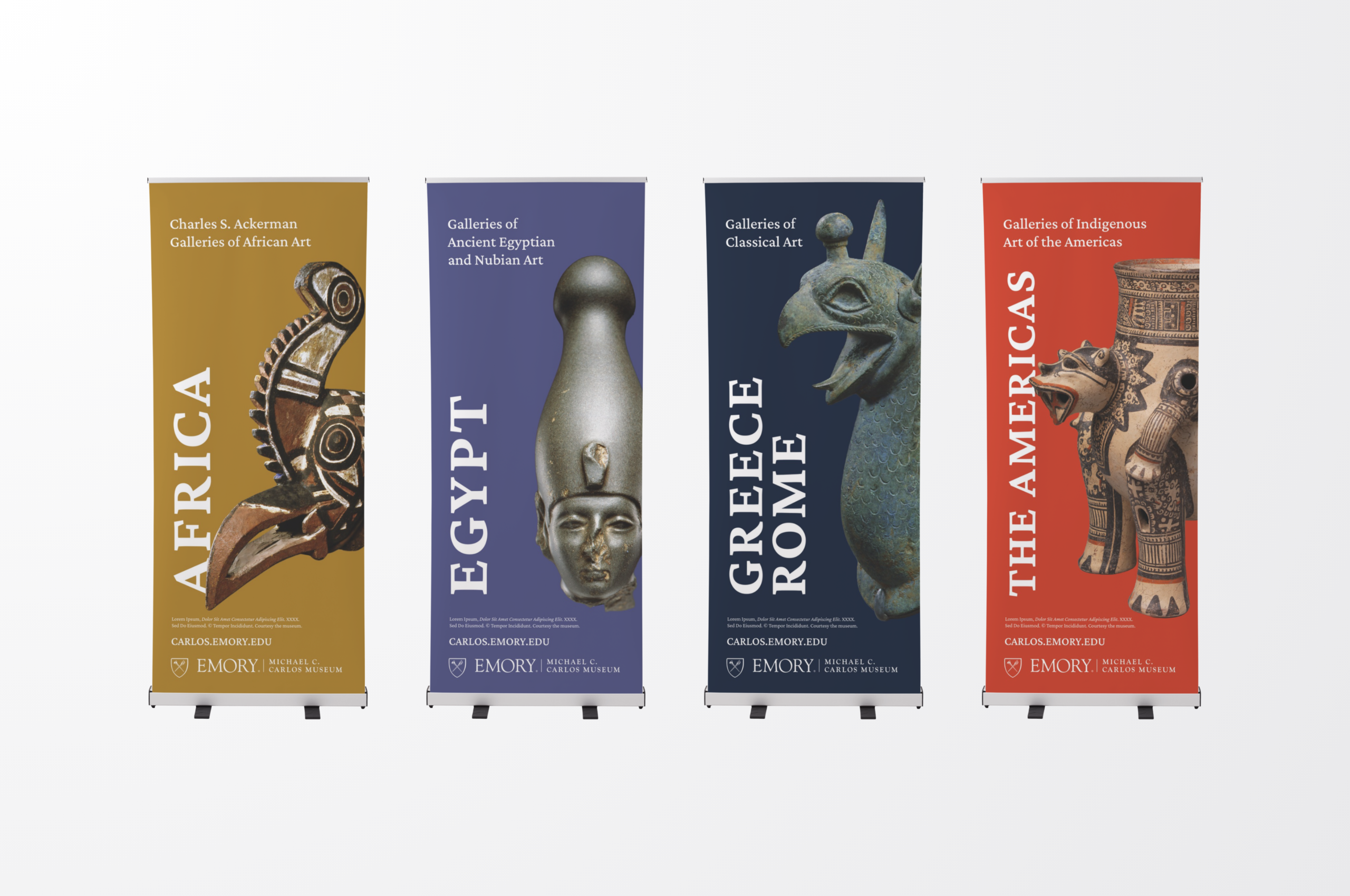 Four Carlos Museum gallery banners for world art regions