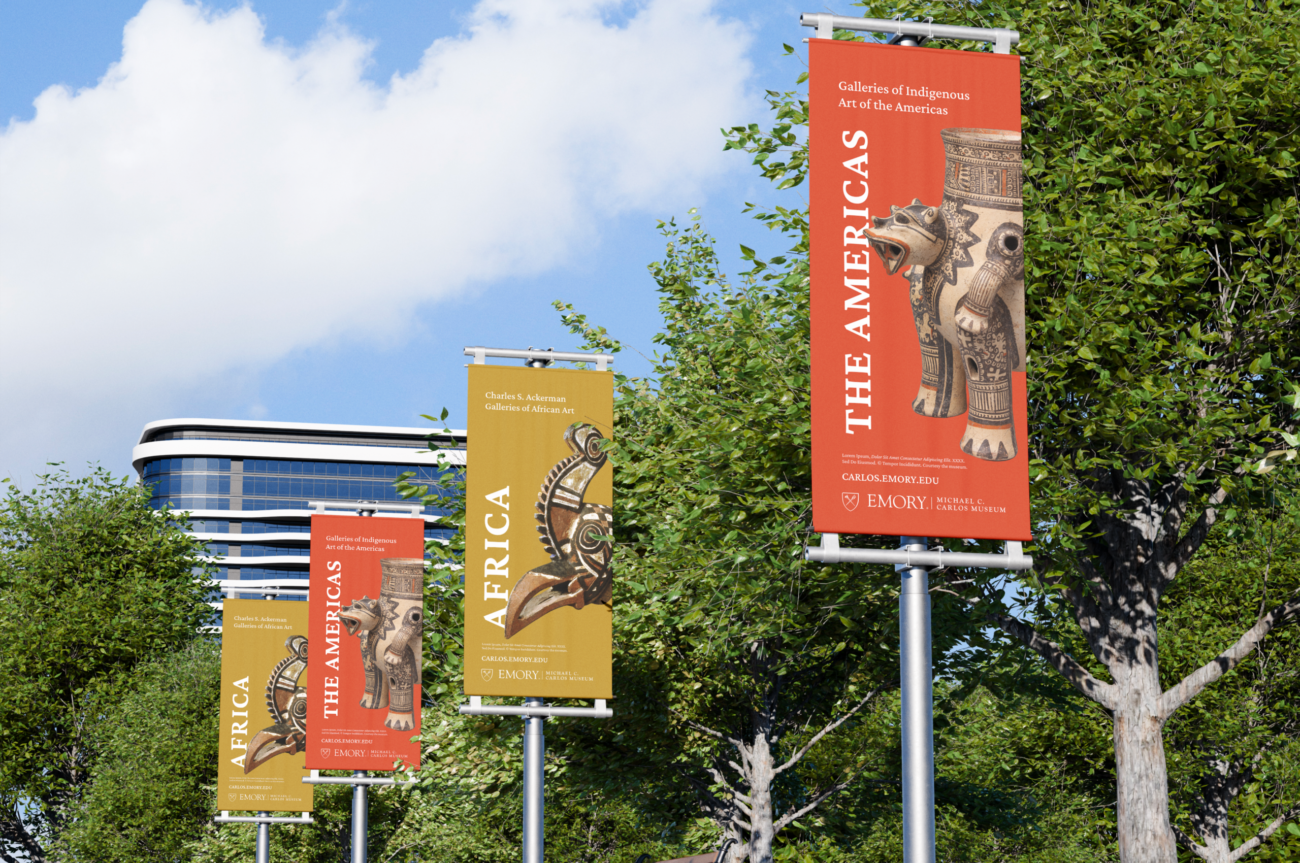 Street banners for Emory Carlos Museum art gallery exhibits
