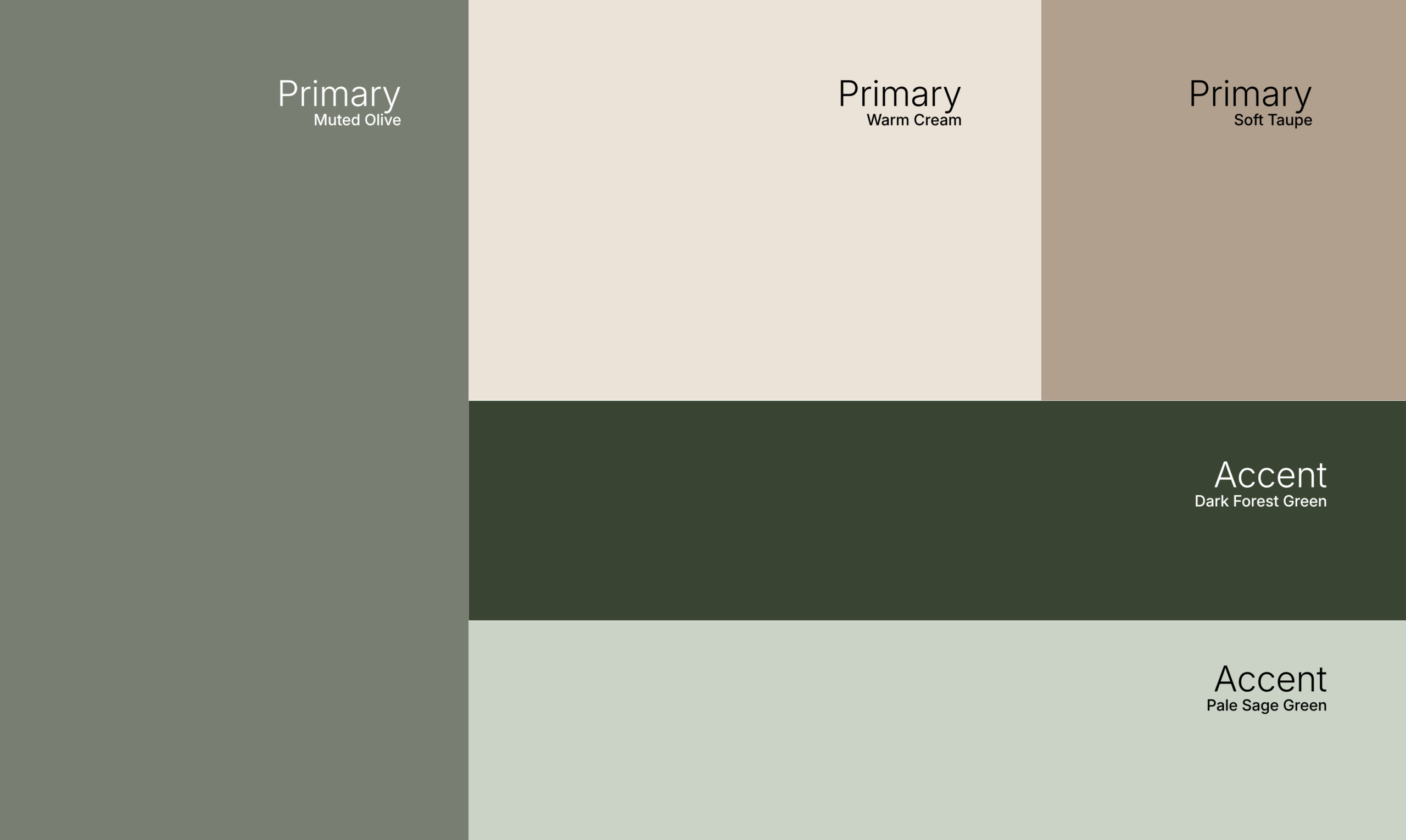 Color palette swatches of olive, cream, and taupe tones