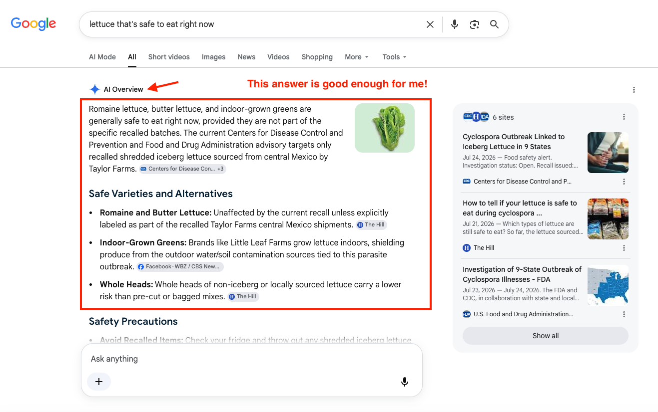 Google AI Overview showing safe lettuce varieties during recall