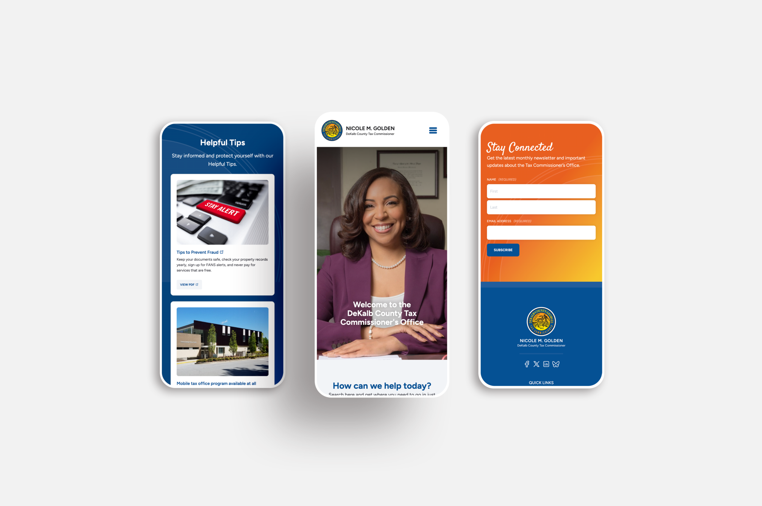 DeKalb County Tax Commissioner's mobile website on three phones