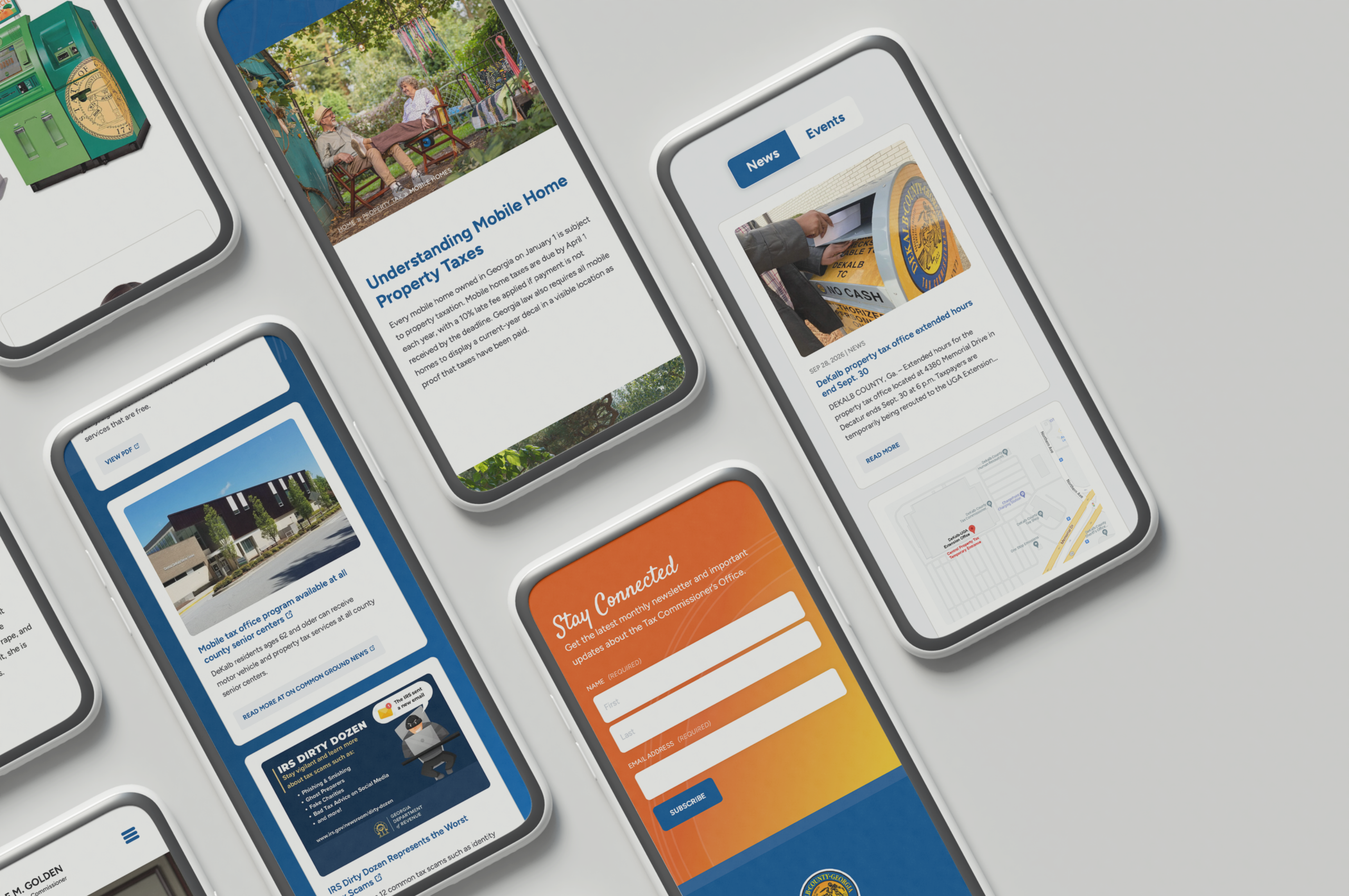 Smartphones displaying DeKalb County tax commissioner website pages