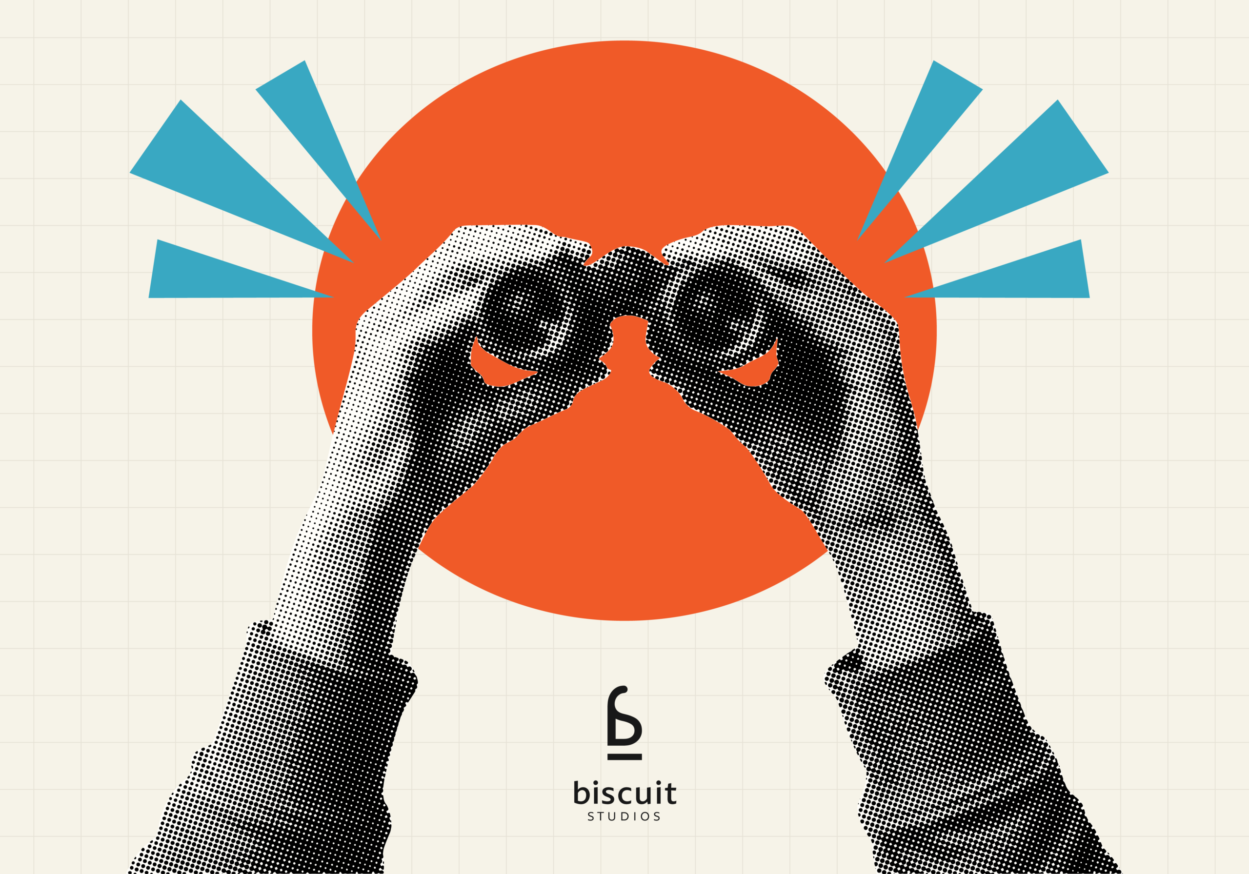 Retro halftone illustration of hands shaped like binoculars, representing sharp focus and discovery