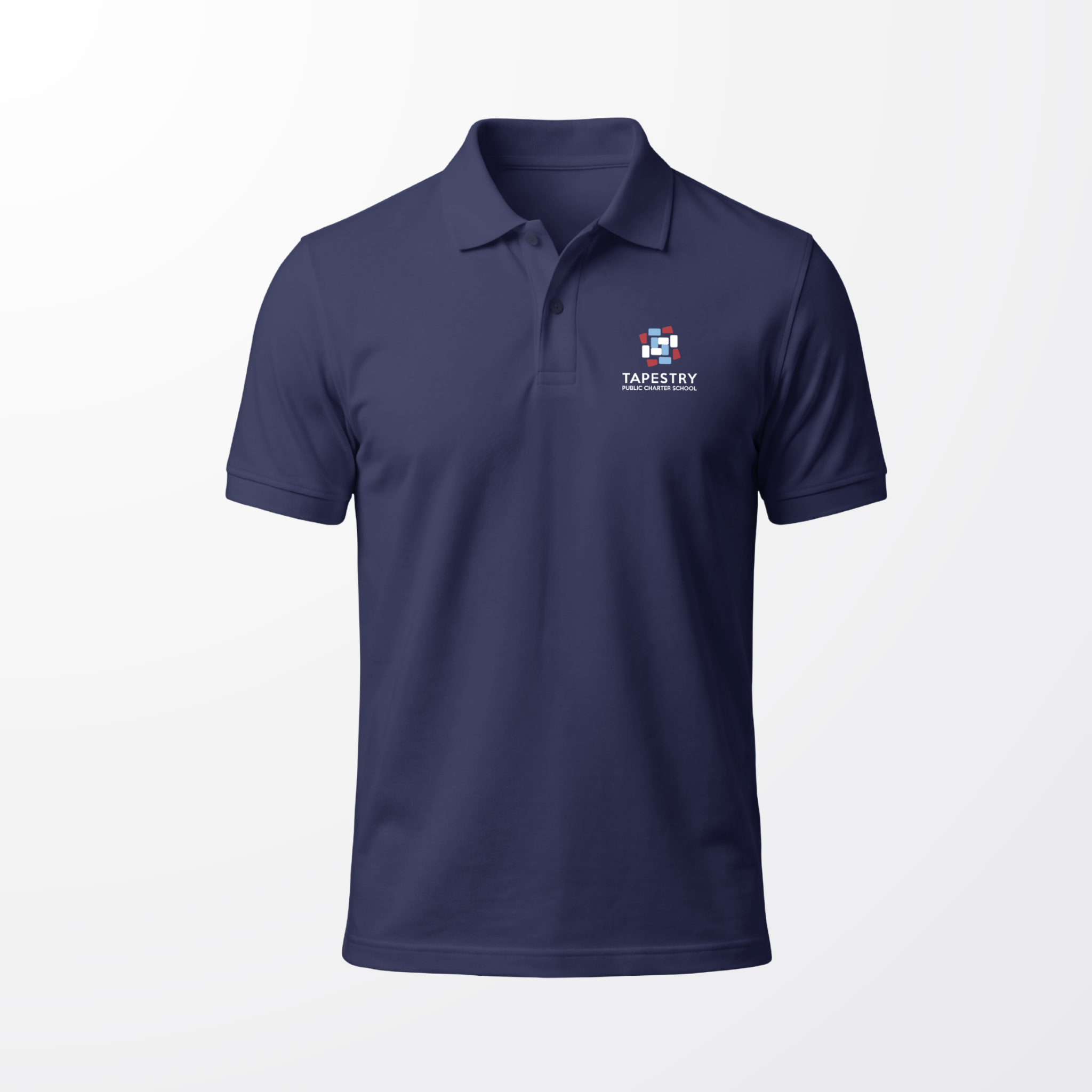 Navy polo shirt with Tapestry Public Charter School logo
