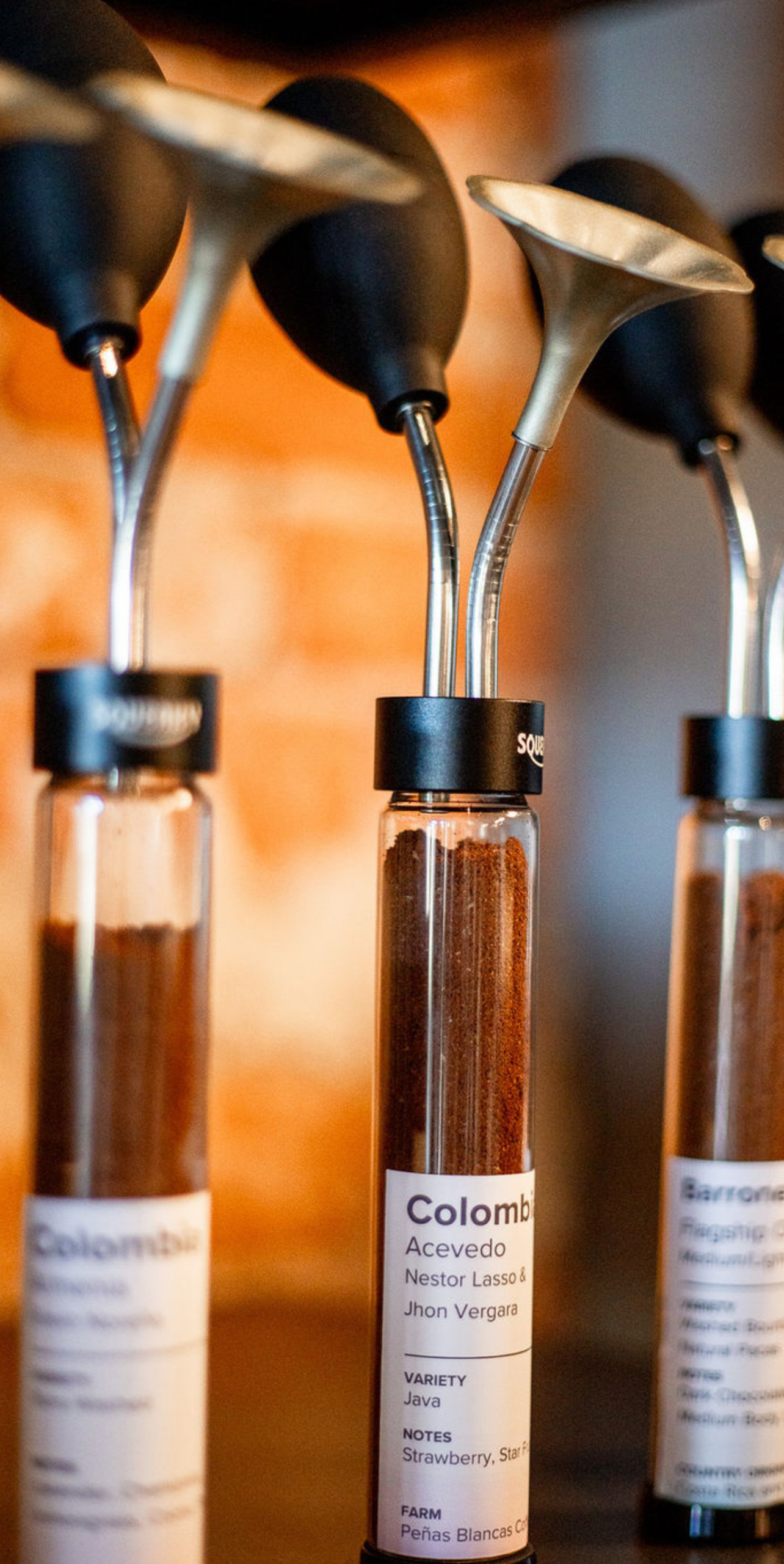Coffee bean aroma sniffing vials with labels