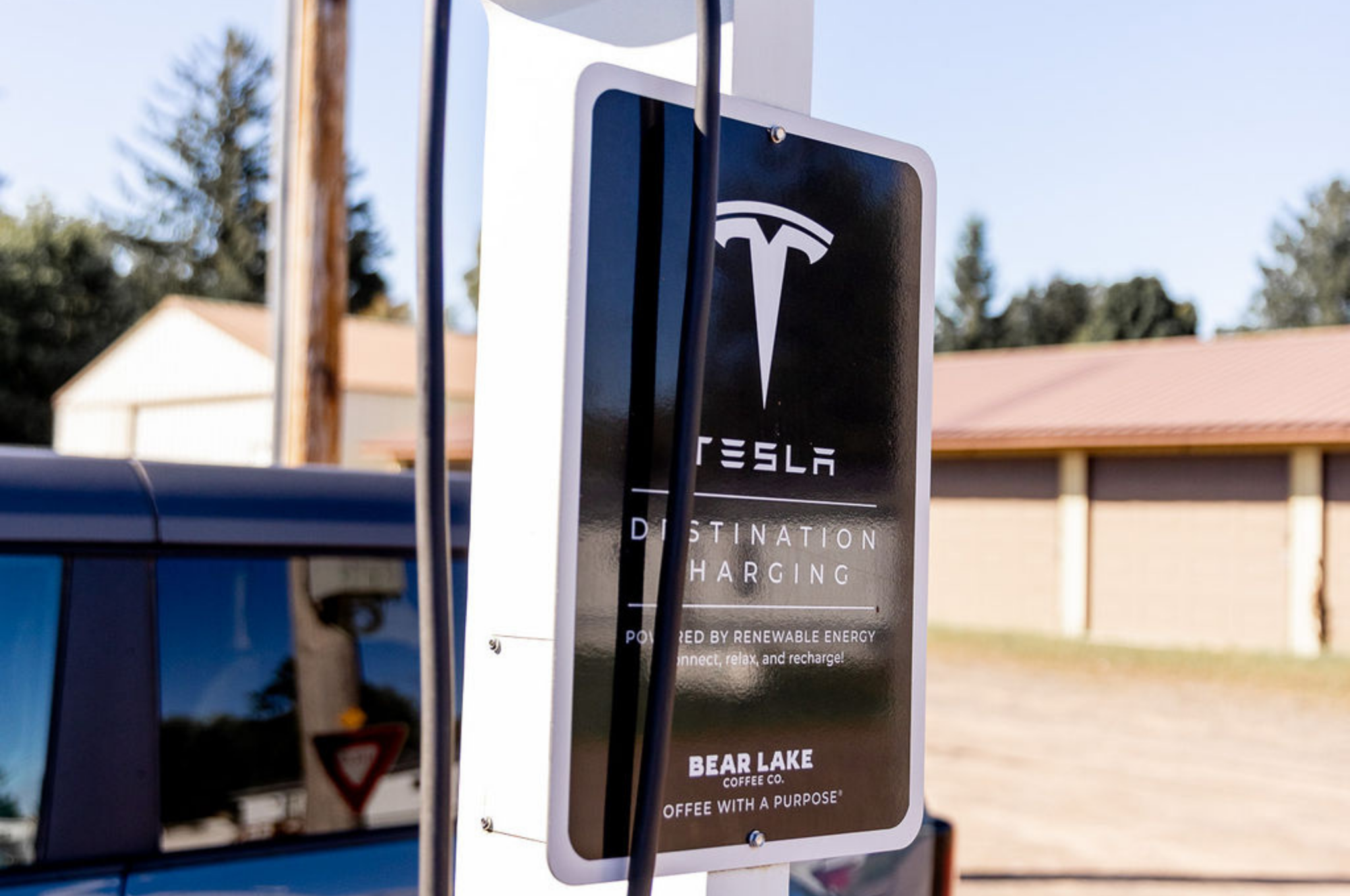 Tesla Destination Charging station sign at Bear Lake Coffee