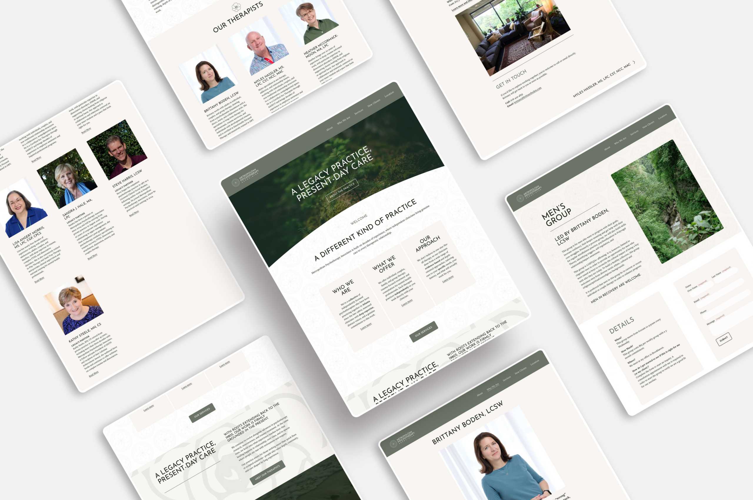 Psychotherapy practice website mockups showing therapists and pages