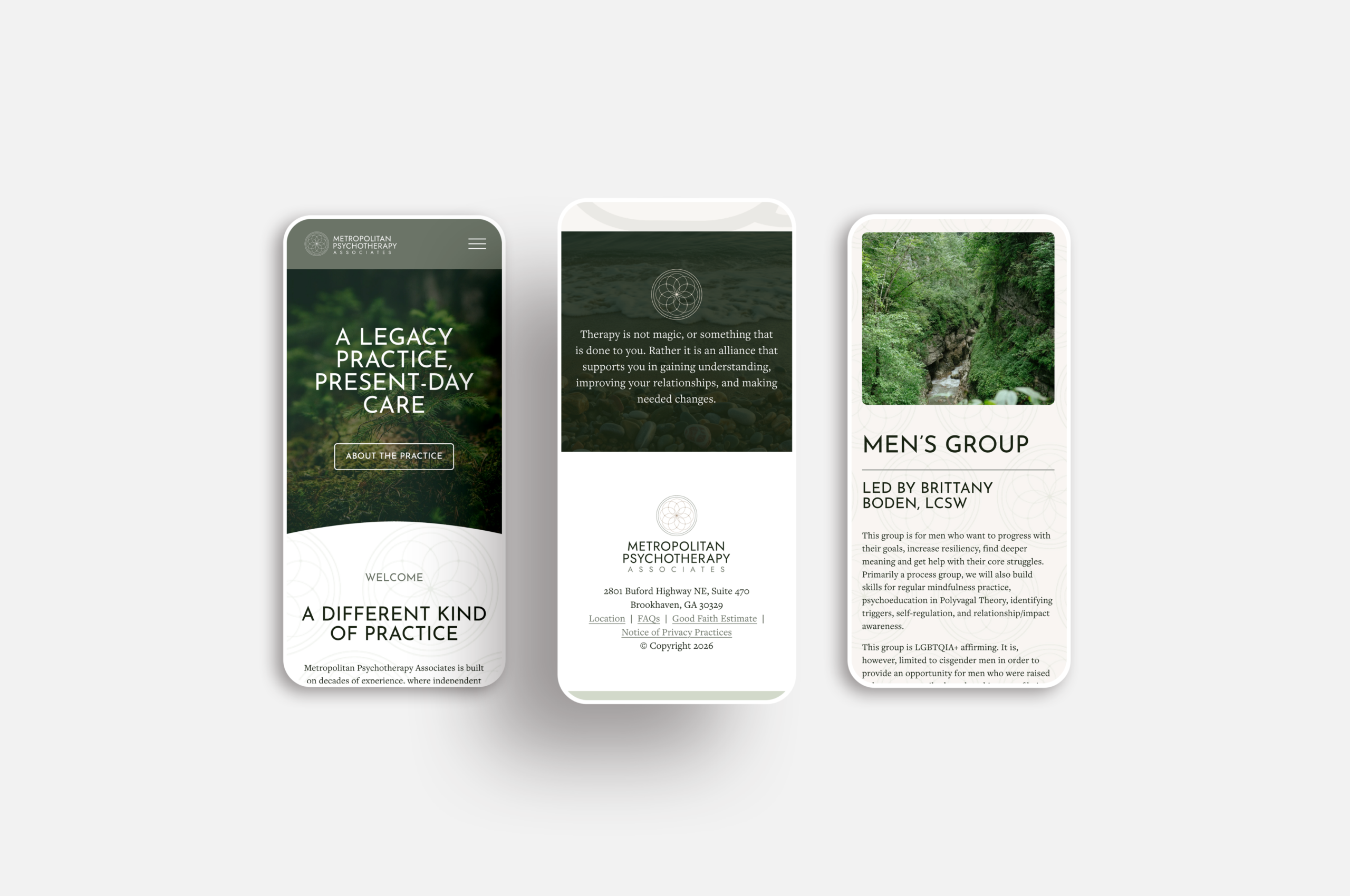 Mobile website mockups for psychotherapy practice on three phones