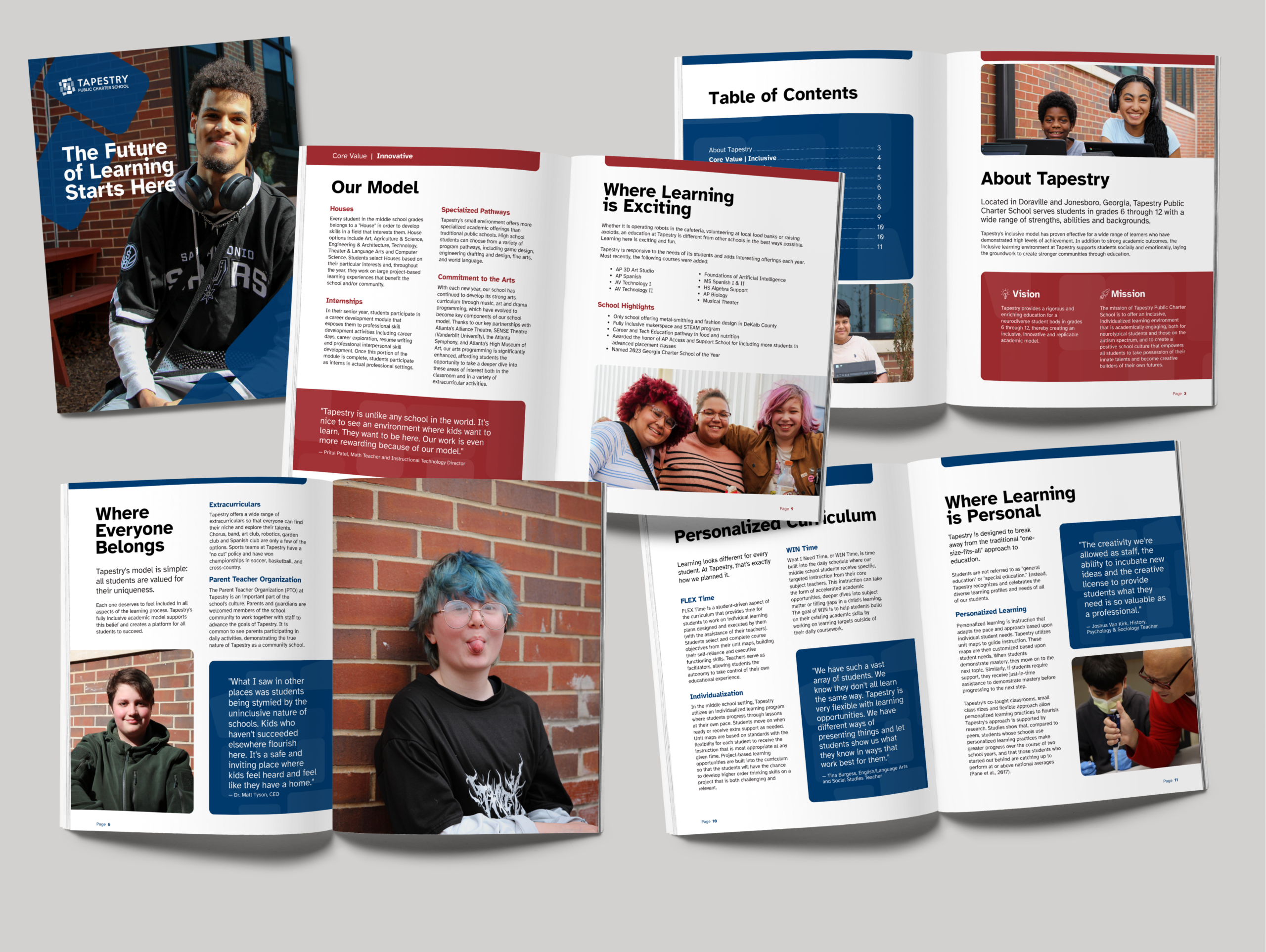 Tapestry Public Charter School brochure pages with student photos